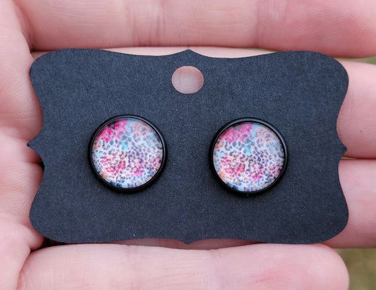 Floral Cheetah Glass Cabachon Black Bezel Earrings- 12 mm ONLY!