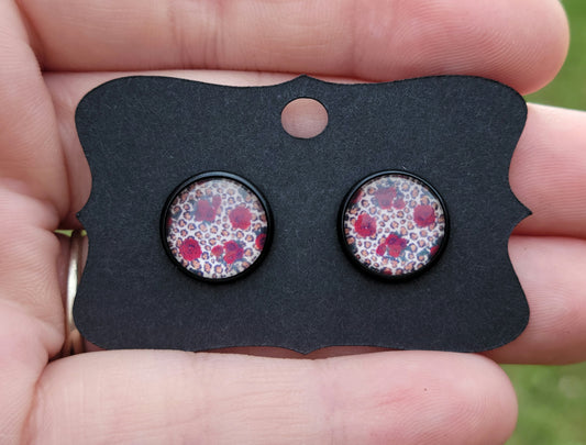 Red Roses & Cheetah Glass Cabachon Black Bezel Earrings- 12 mm ONLY!