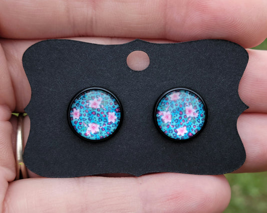 Pink Leopard & Floral Glass Cabachon Black Bezel Earrings- 12 mm ONLY!