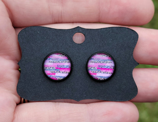 Pink Animal Pattern Stripes Cabachon Black Bezel Earrings- 12 mm ONLY!