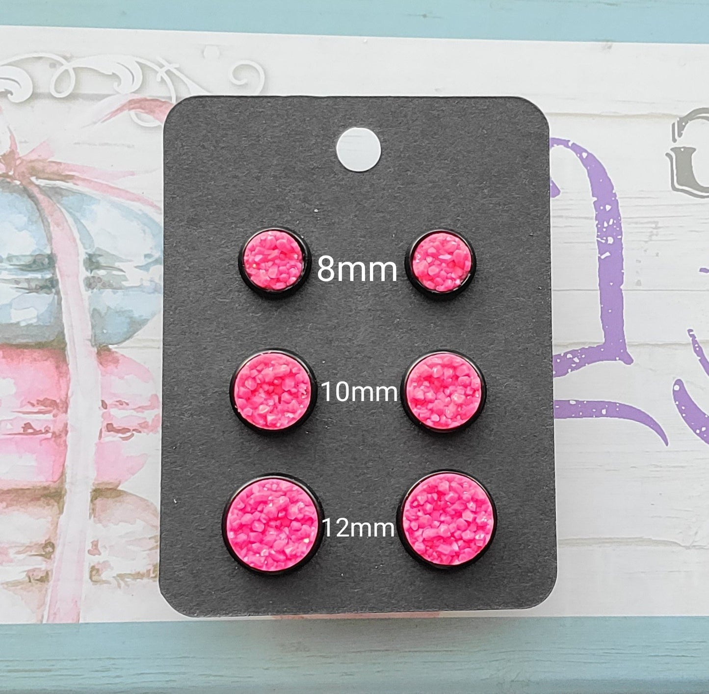 NEON PINK Black Bezel Druzy Earrings