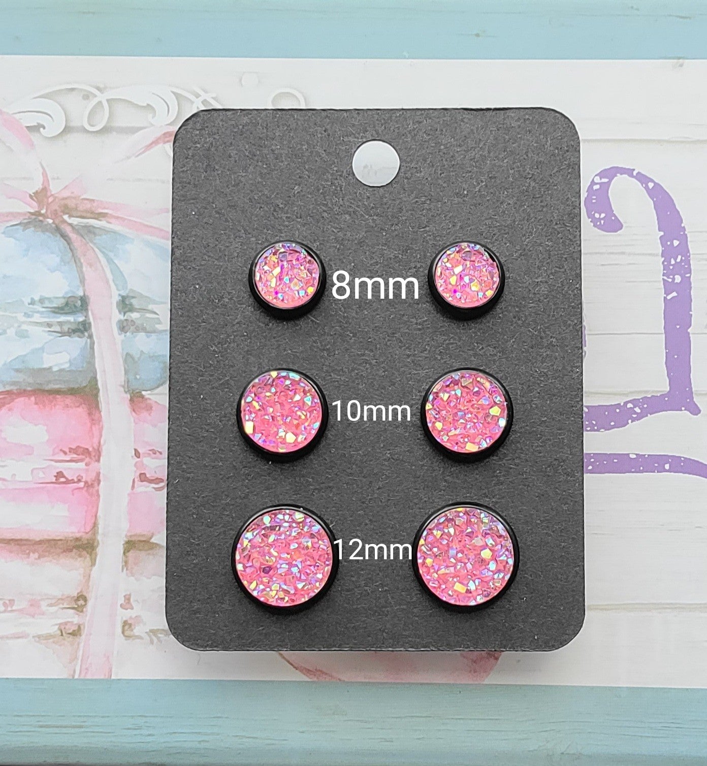 PINK CONFETTI TRANSLUCENT Black Bezel Druzy Earrings