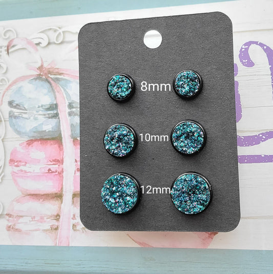 BLUE GALAXY GLITTER Black Bezel Druzy Earrings