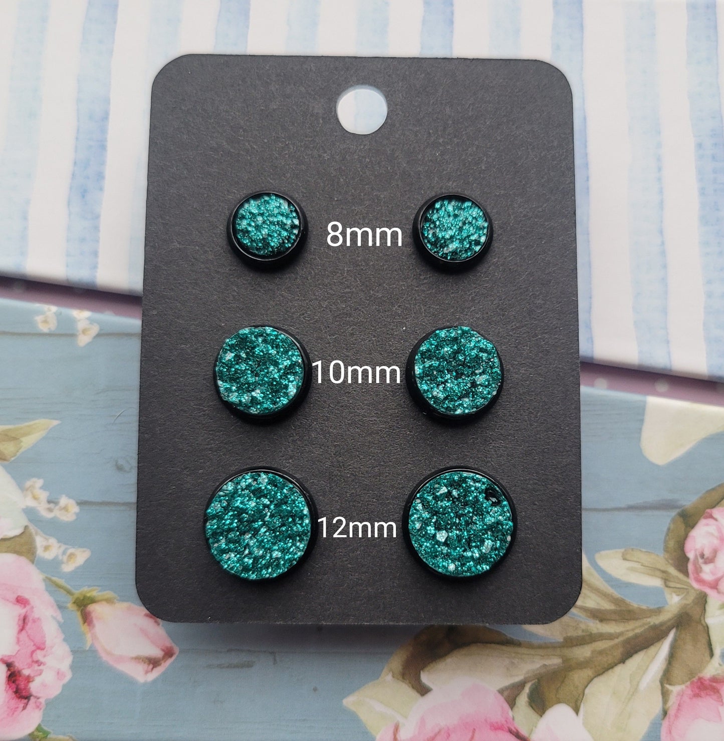 TEAL GLITTER Black Bezel Druzy Earrings