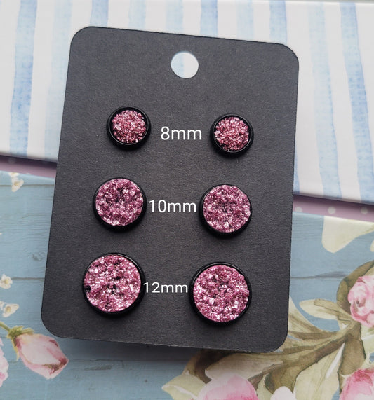 ROSE PINK GLITTER Black Bezel Druzy Earrings