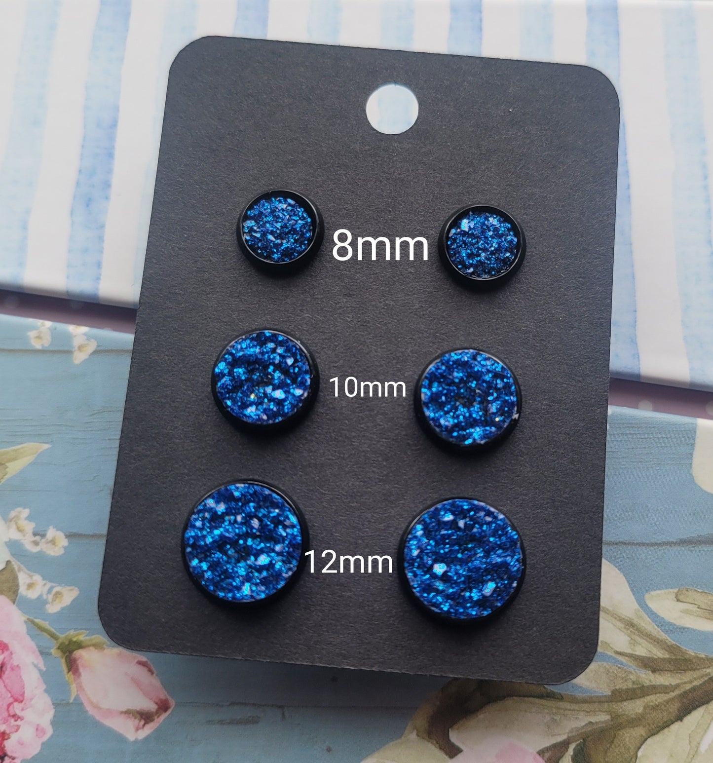 COLBALT BLUE GLITTER Black Bezel Druzy Earrings