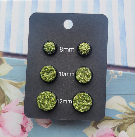 OLIVE GREEN GLITTER Black Bezel Druzy Earrings