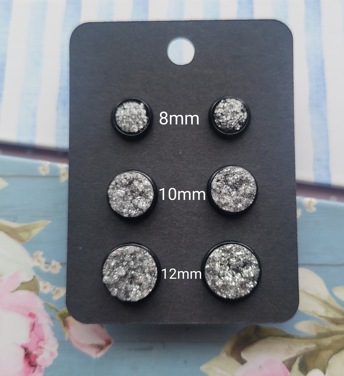 SILVER GLITTER Black Bezel Druzy Earrings