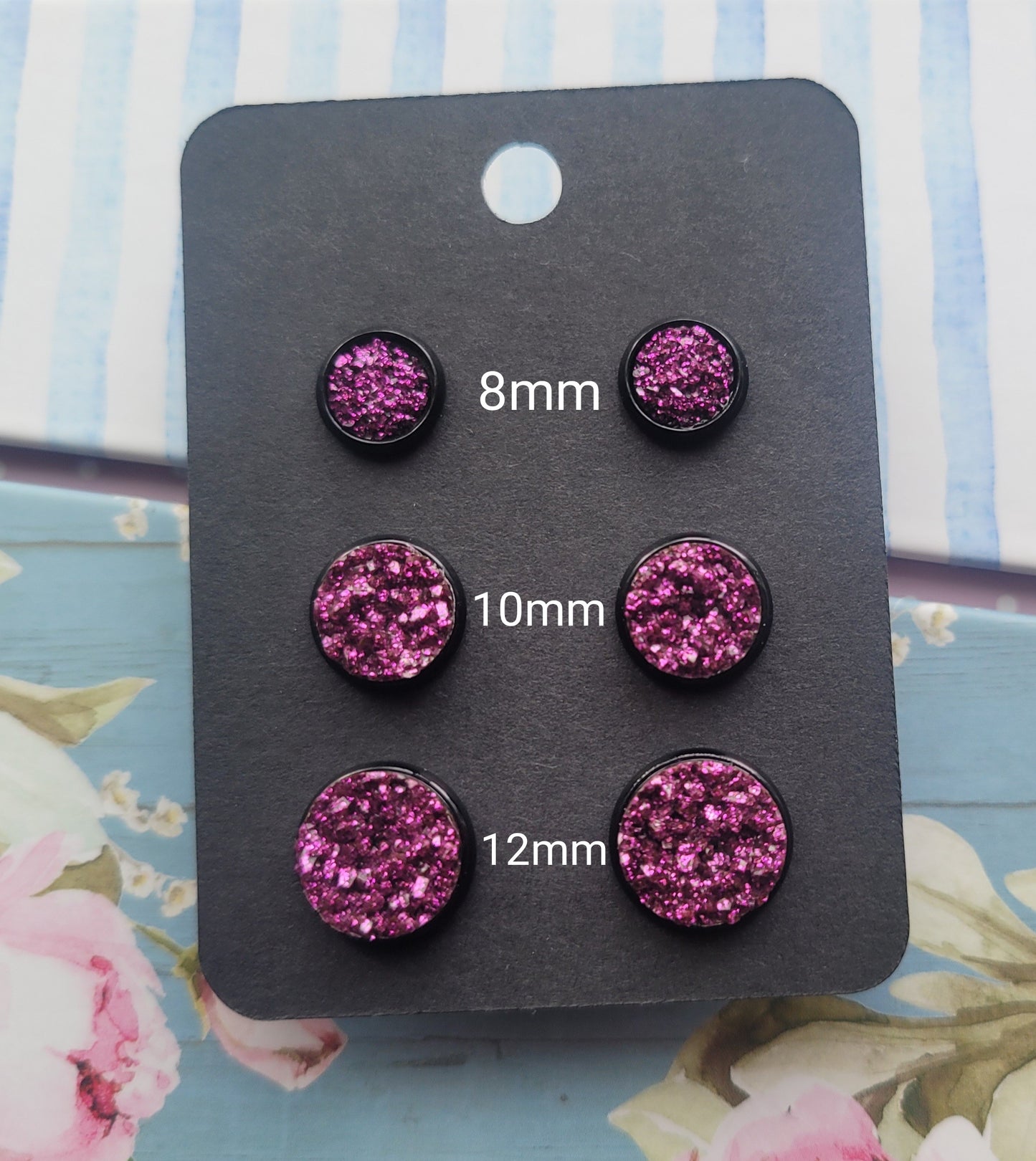 FUSCHIA GLITTER Black Bezel Druzy Earrings