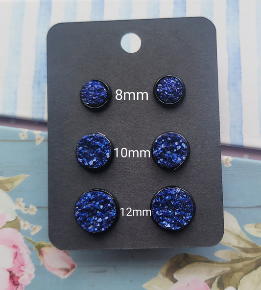 MIDNIGHT BLUE GLITTER Black Bezel Druzy Earrings