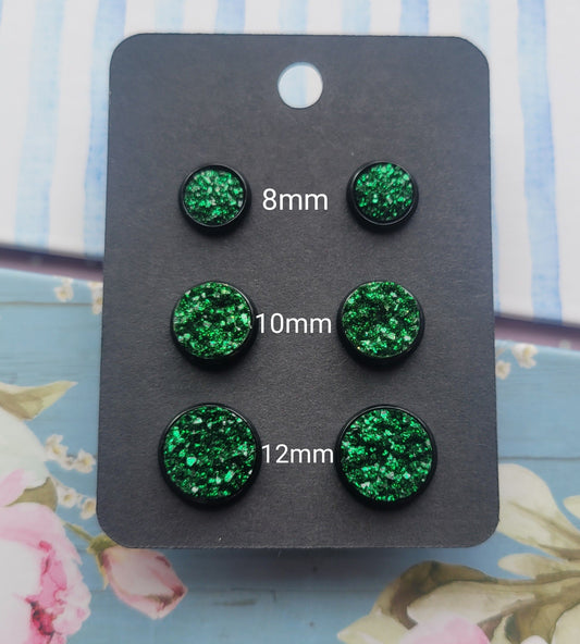 GREEN GLITTER Black Bezel Druzy Earrings