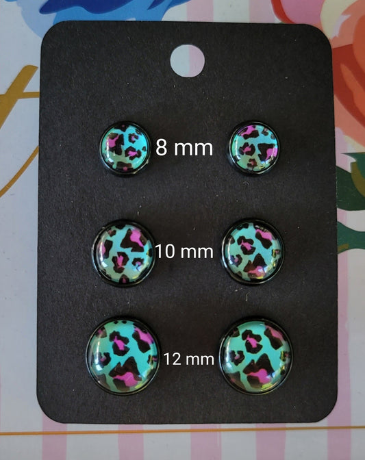 TEAL LEOPARD Black Bezel Cabachon Earrings