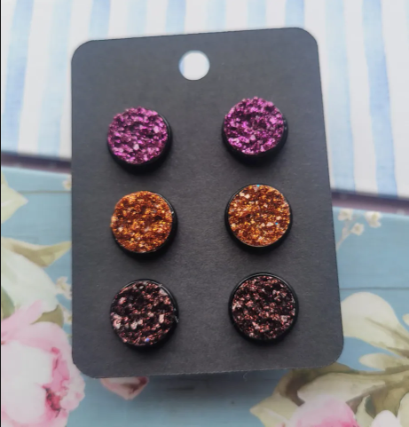 HIPPY VIBES 3 Pack Black Bezel Druzy Earring Set- 12 MM