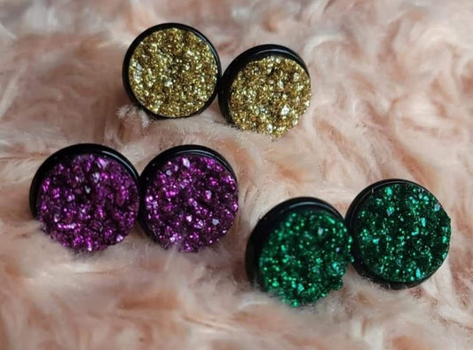 Mardi Gras Glitter 3 Pack Black Bezel Druzy Earring Set