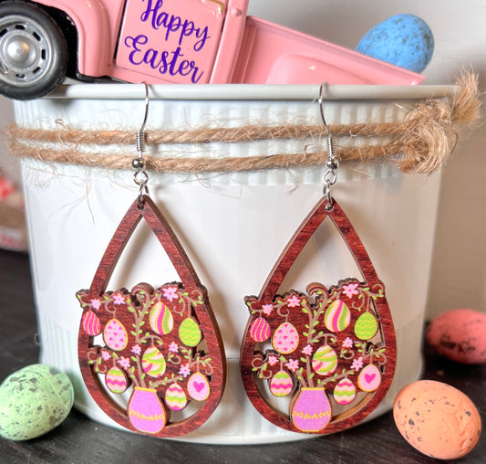 #2 Easter Egg Floral Arrangement Teardrop Wooden Earrings