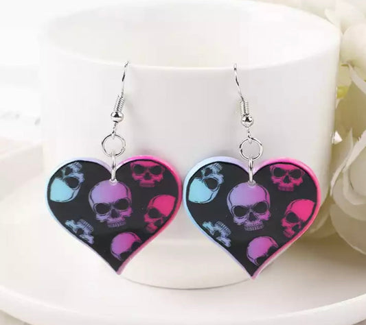 PREORDER HALLOWEEN ROUND TWO Black Skulls Heart Acrylic Earrings