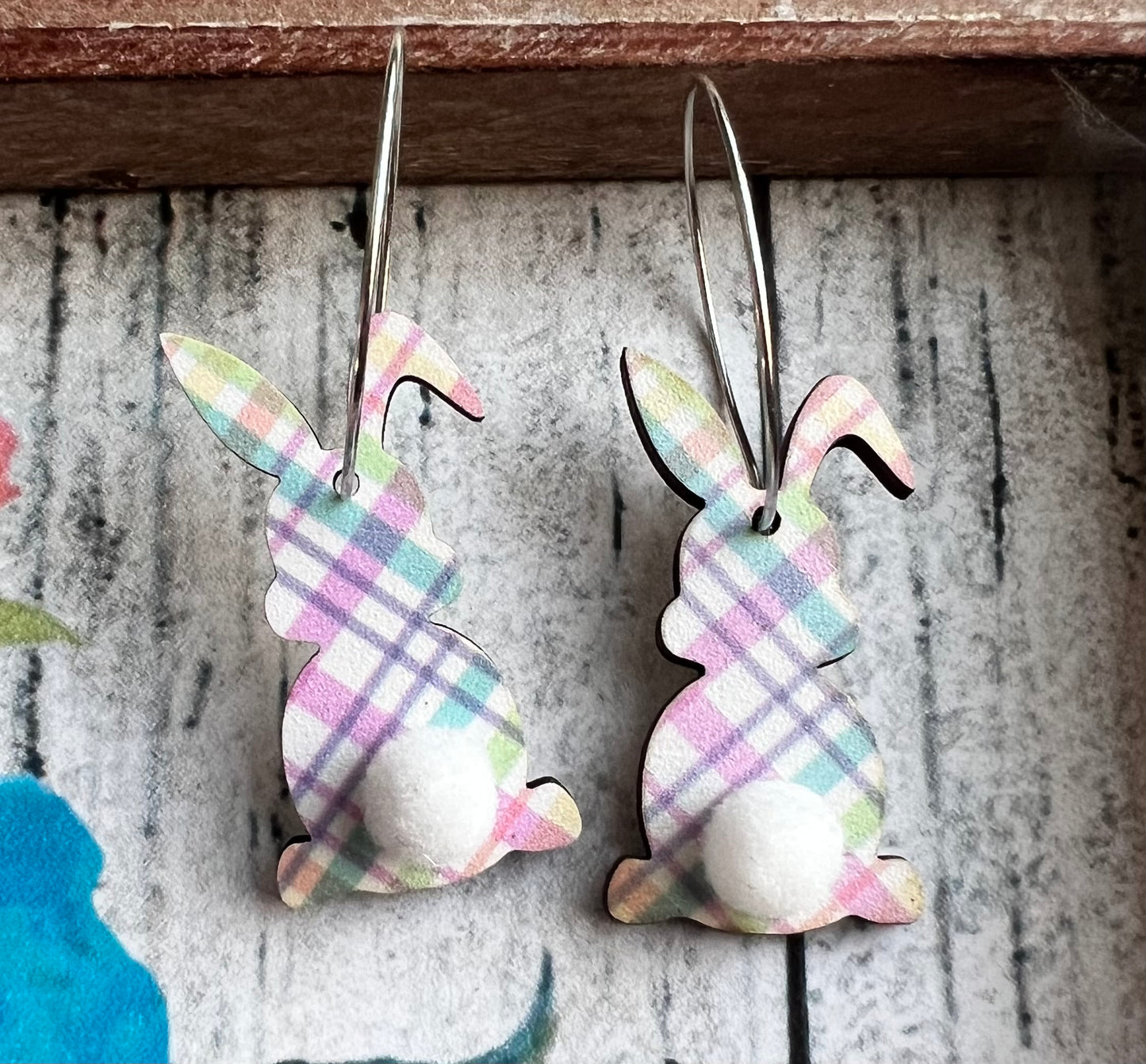 Easter Fluffy Bunny Tail Wooden Earrings