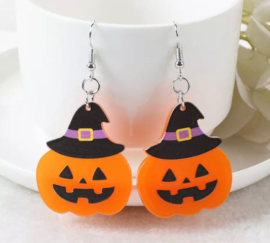 PREORDER HALLOWEEN ROUND TWO Black Witch Hat Jack-O-Lantern Acrylic Earrings