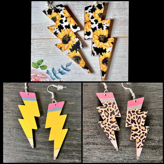 Lightning Bolt Double Sided Wooden Earrings