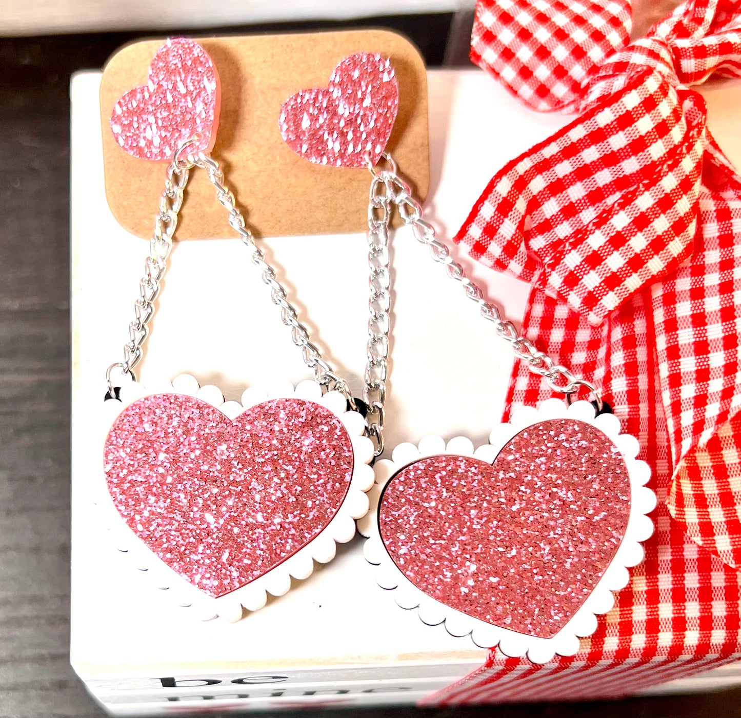 Pink Glitter Heart Chain Acrylic Earrings