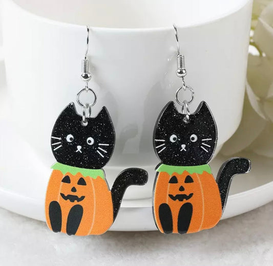 PREORDER HALLOWEEN ROUND TWO Jack-O-Lantern Kitty Acrylic Earrings