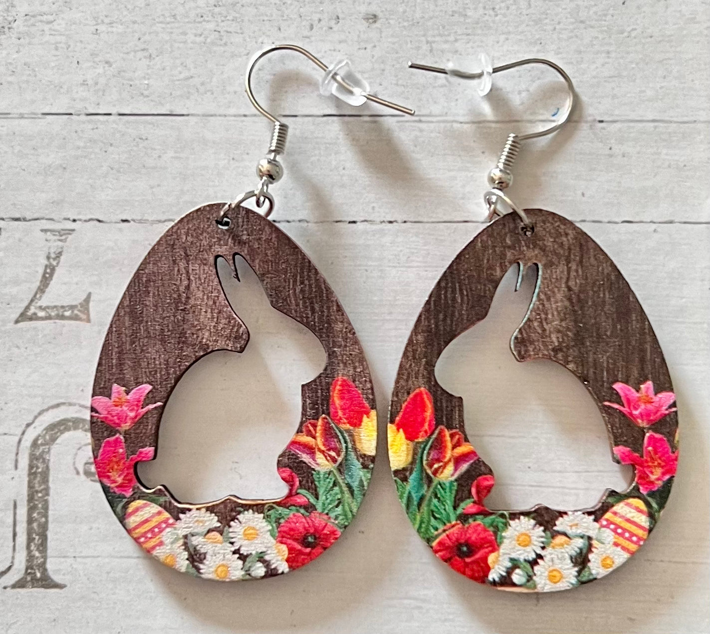 RANDOM- Easter Egg Bunny Double Sided Wooden Earrings