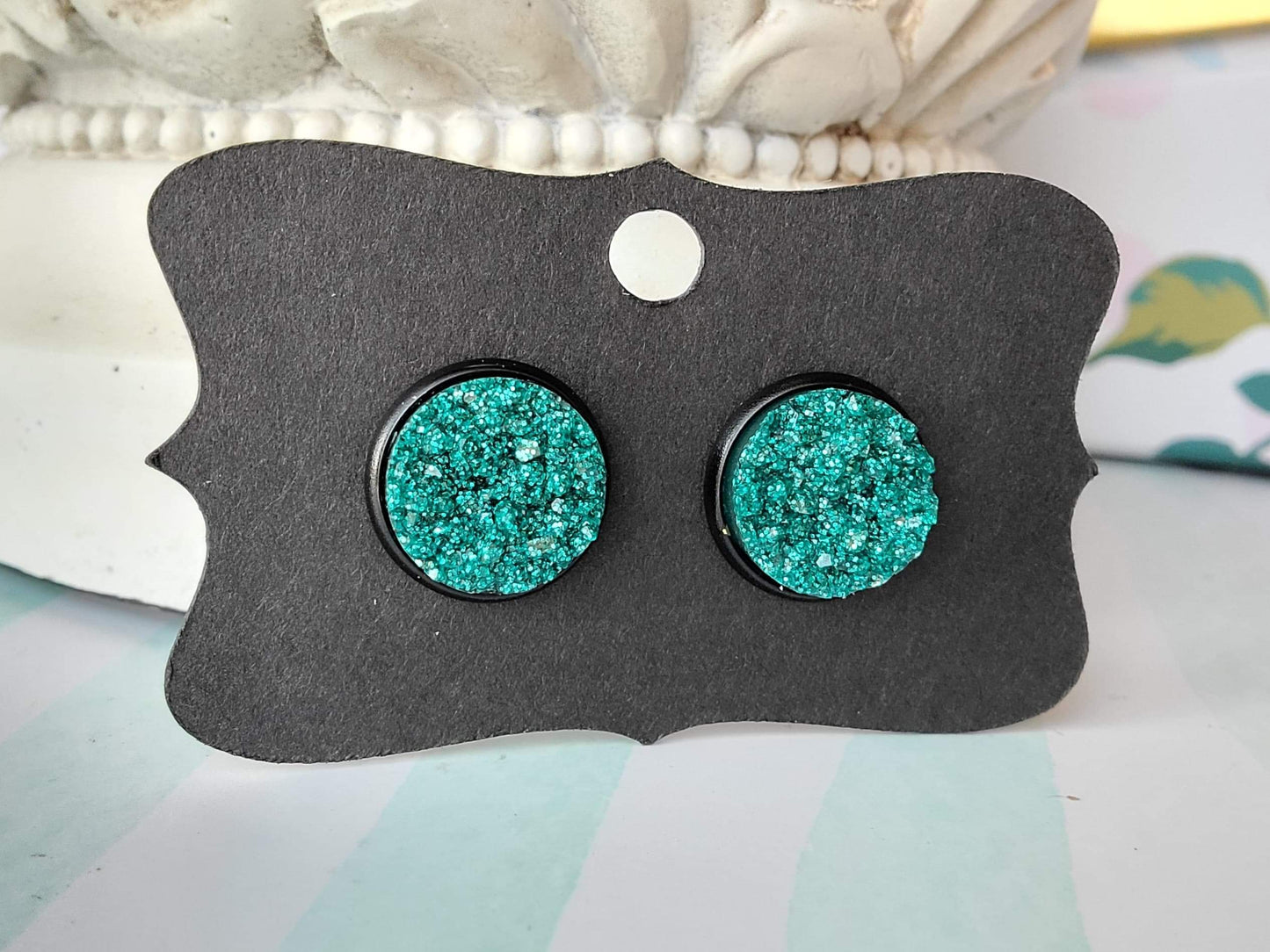 TEAL GLITTER Black Bezel Druzy Earrings