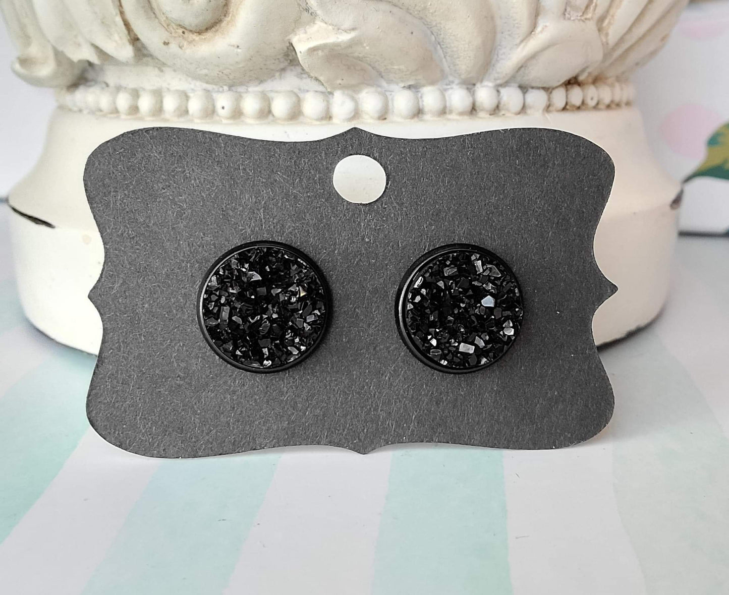 BLACK Black Bezel Druzy Earrings