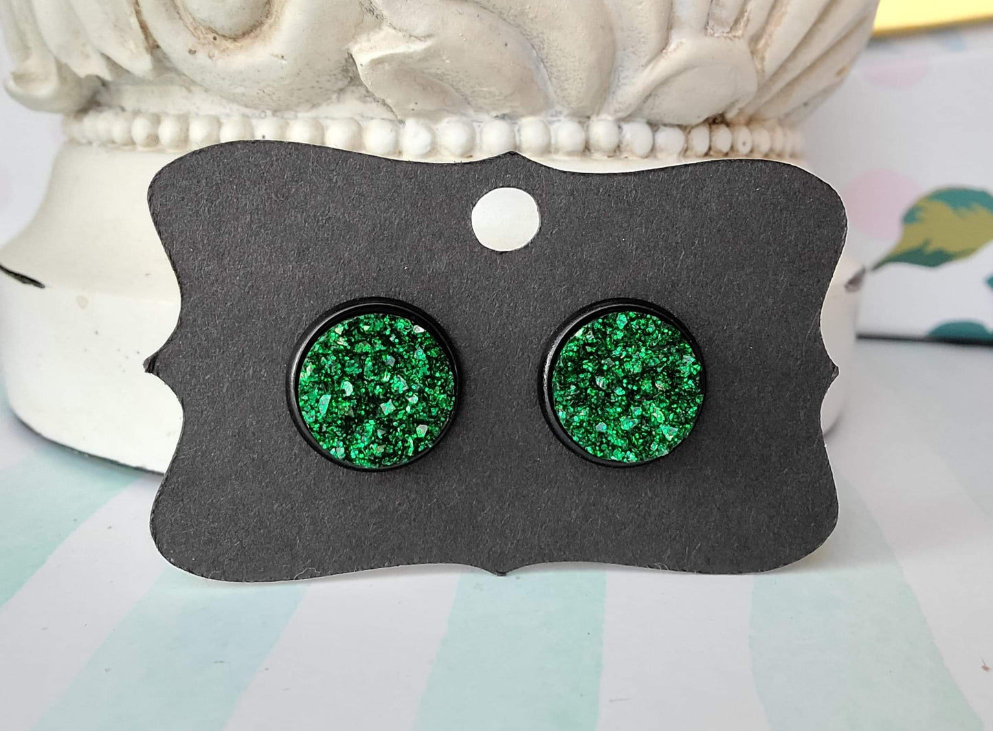 GREEN GLITTER Black Bezel Druzy Earrings