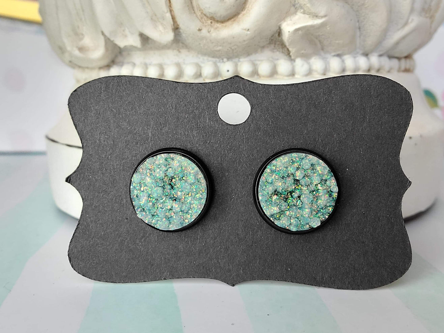 IRIDESCENT GALAXY GLITTER Black Bezel Druzy Earrings