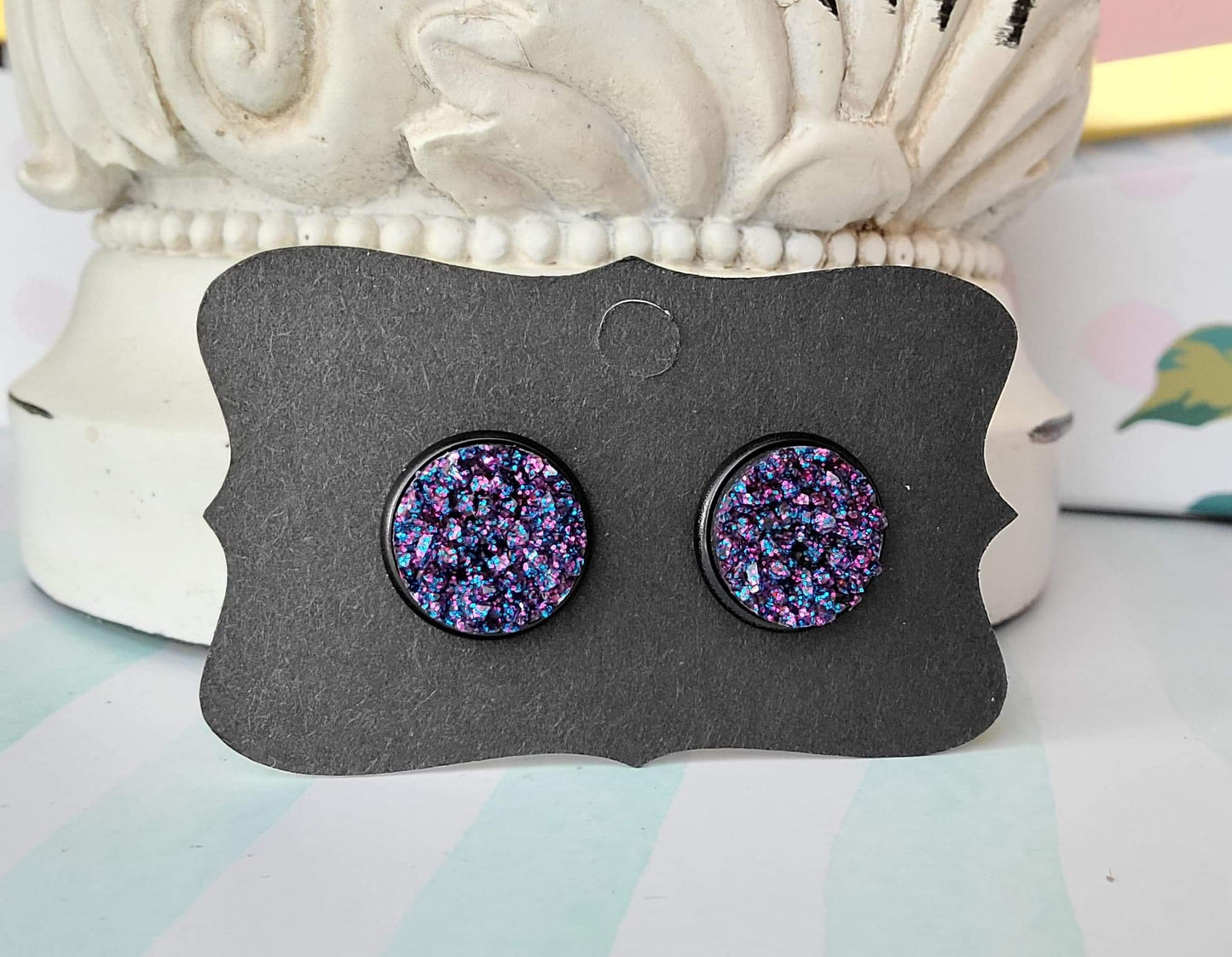 PURPLE GALAXY Black Bezel Druzy Earrings