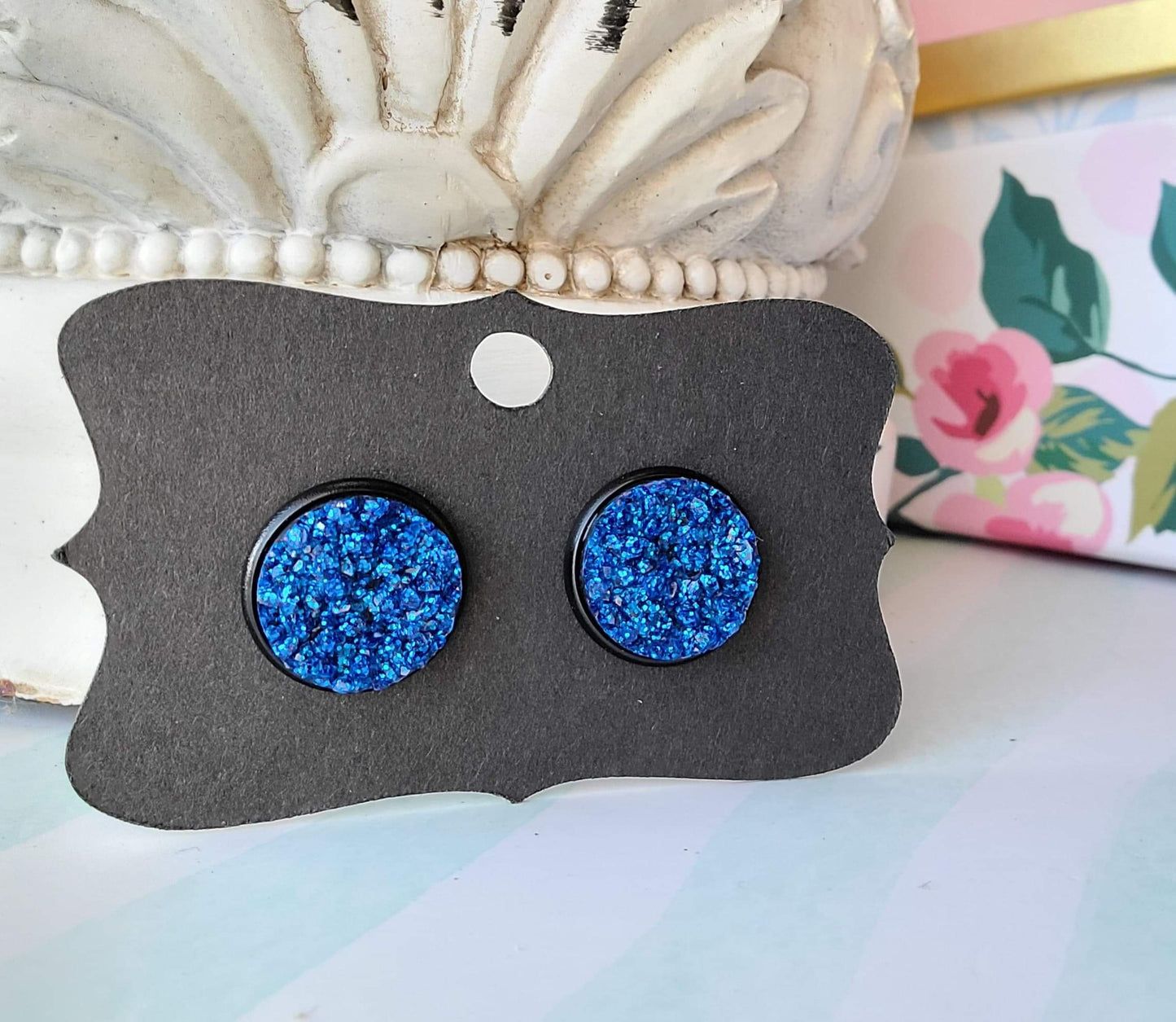 COLBALT BLUE GLITTER Black Bezel Druzy Earrings