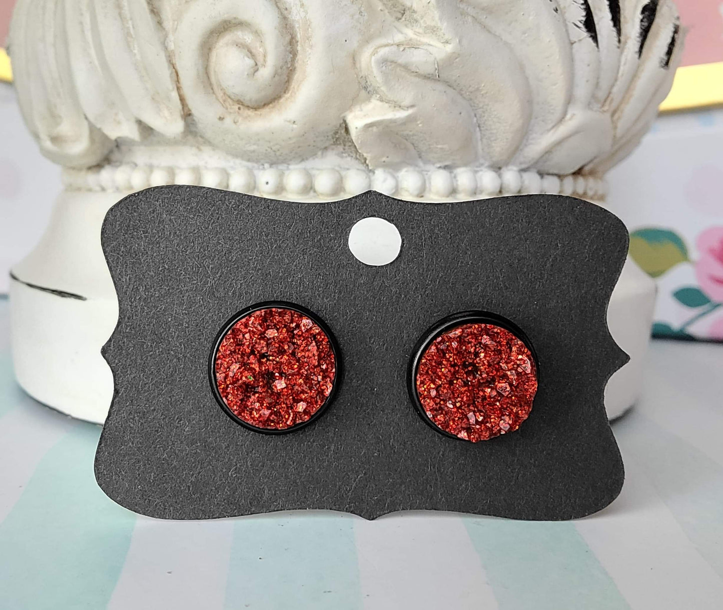 RED GLITTER Black Bezel Druzy Earrings