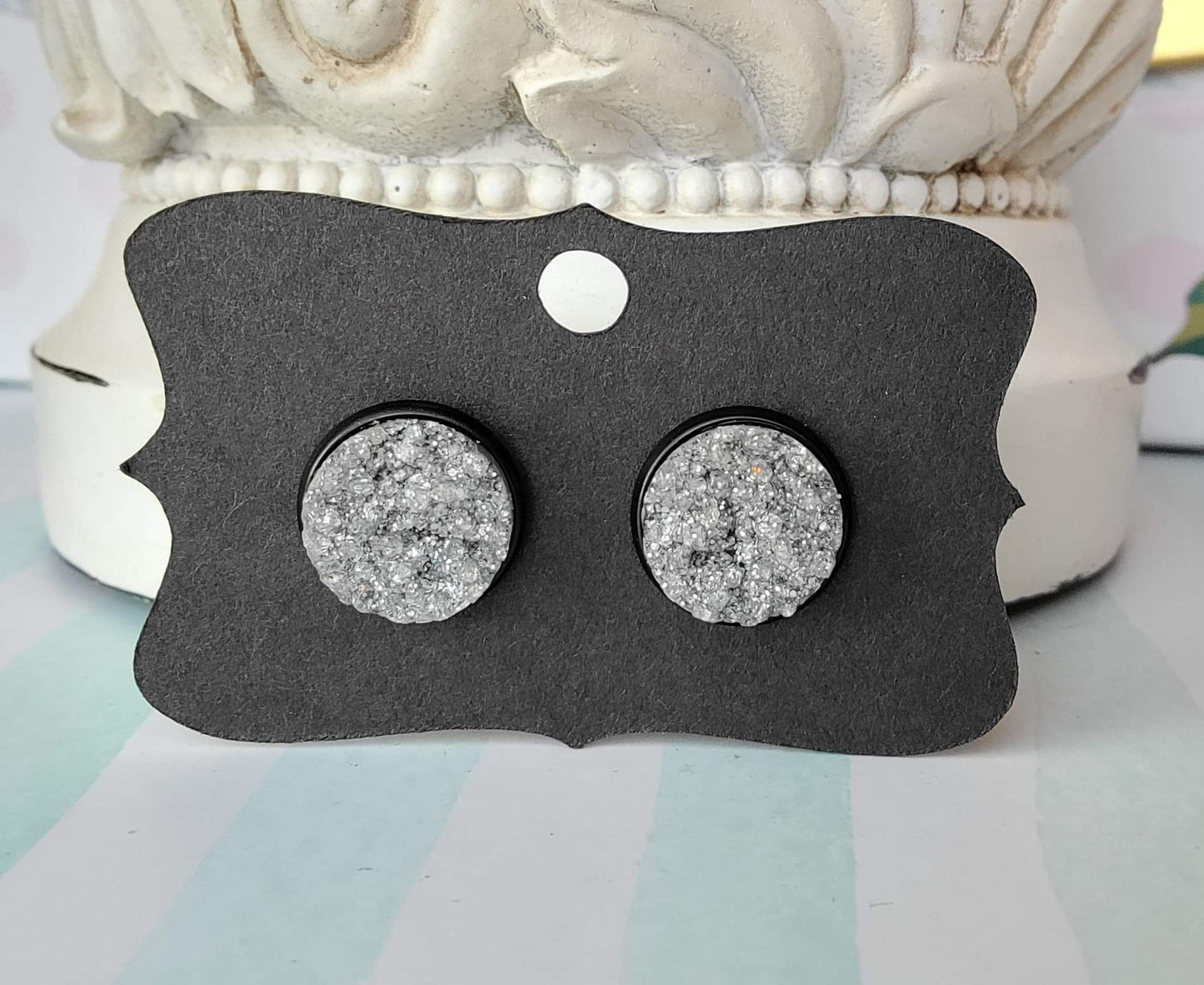 SILVER GLITTER Black Bezel Druzy Earrings