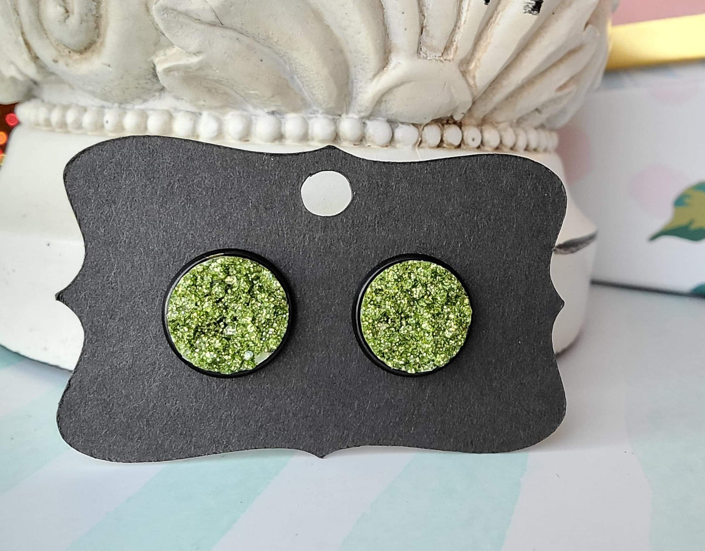 OLIVE GREEN GLITTER Black Bezel Druzy Earrings