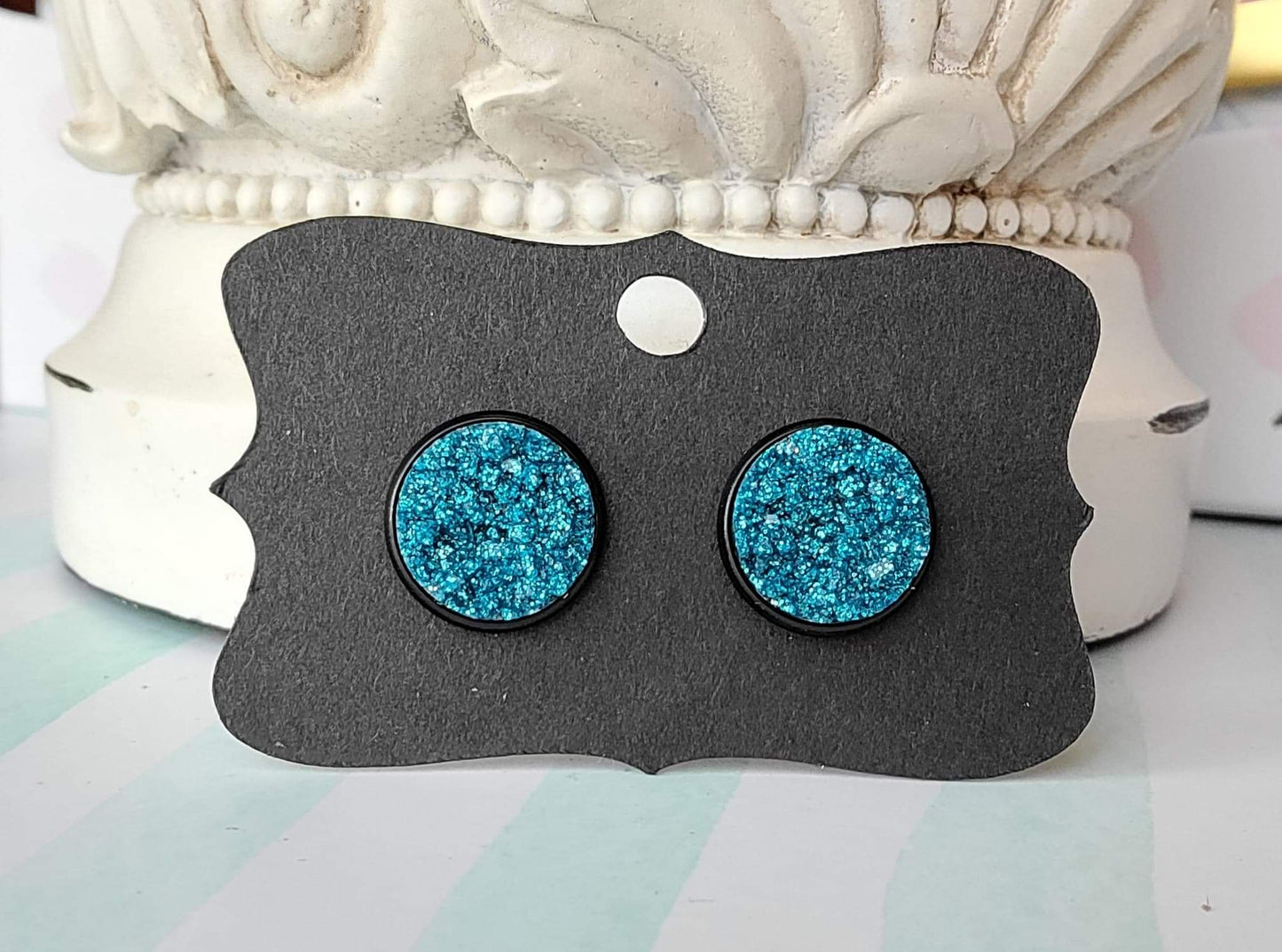 SKY BLUE Black Bezel Druzy Earrings