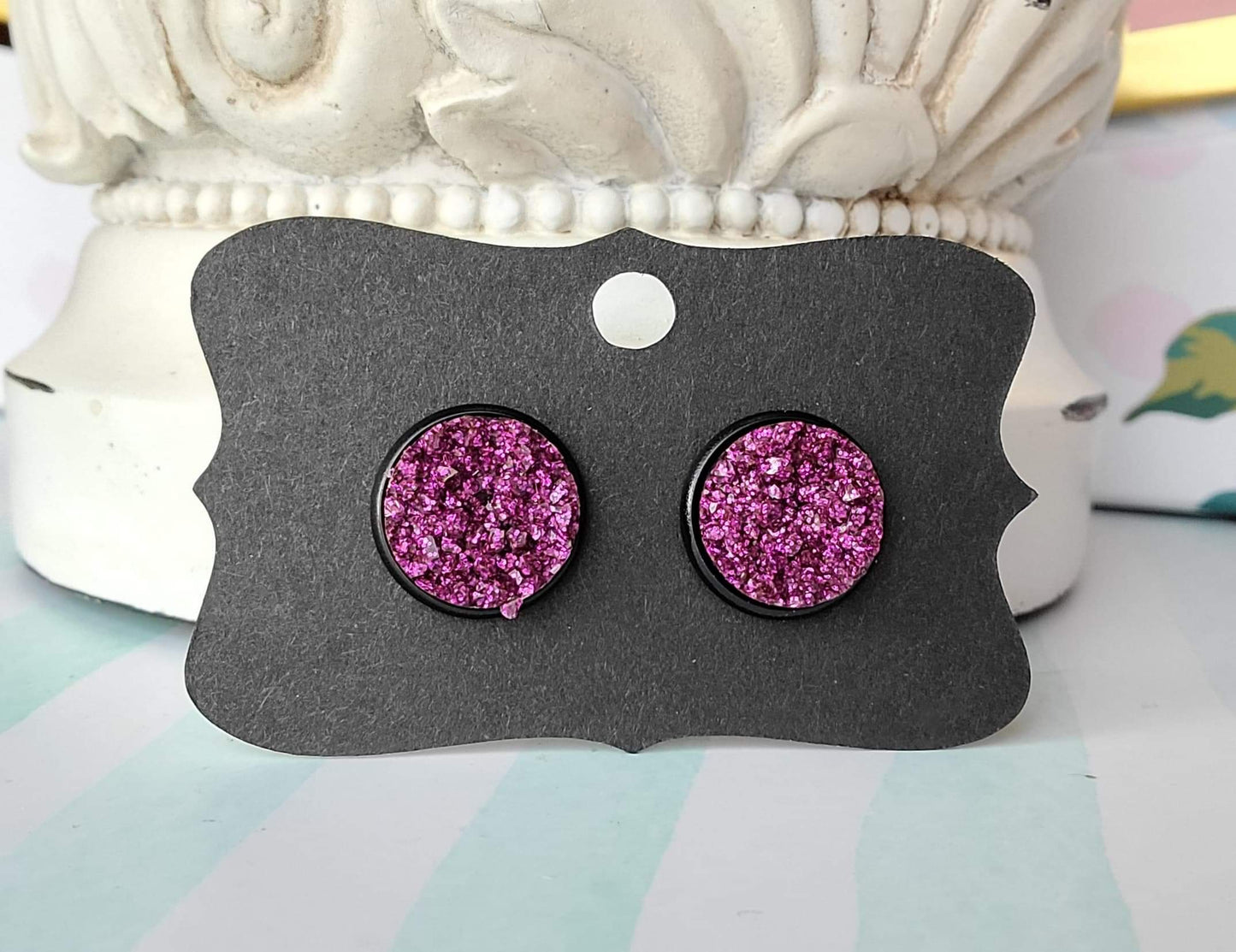 FUSCHIA GLITTER Black Bezel Druzy Earrings