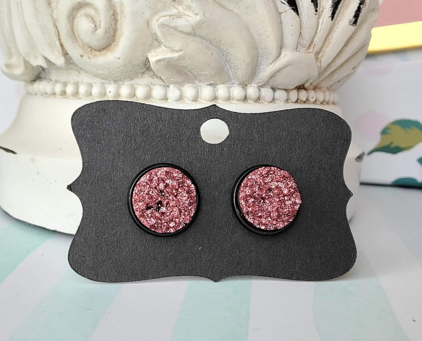 CORAL GLITTER Black Bezel Druzy Earrings